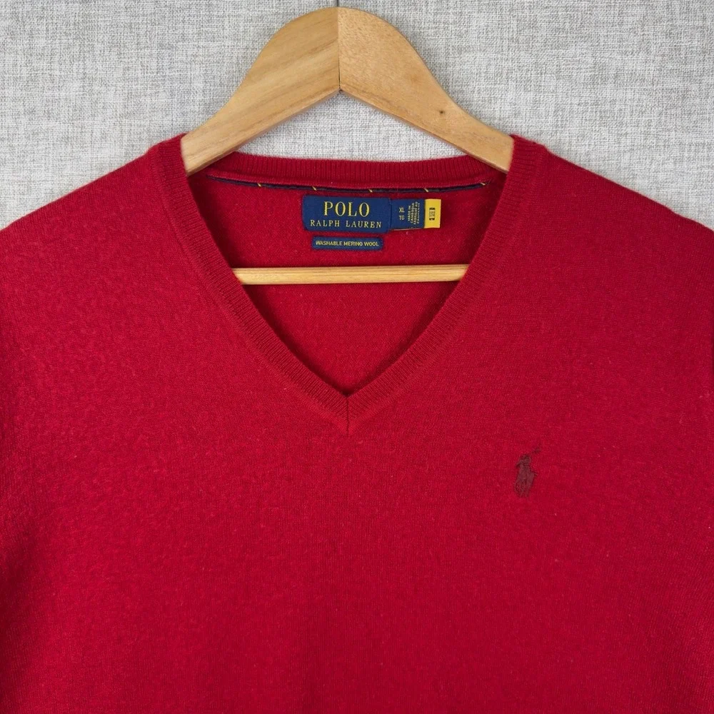 Polo Ralph Lauren V-Neck Sweater Men's XL‎ Washable Merino Wool Red Pony